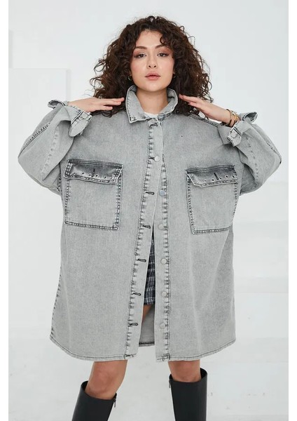 Düz Gömlek Yaka Kadın Gri Kuş Gözü Cepli Kot Ceket