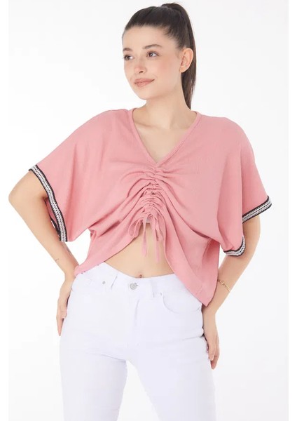 V Yaka Büzgülü Detaylı Bluz fırsatları