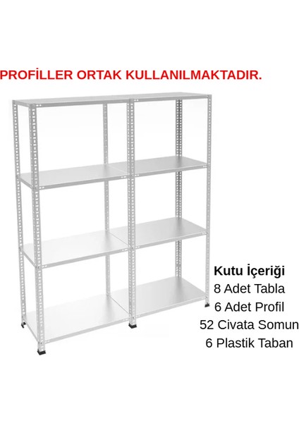 4 Katlı Duble Galvaniz Çelik Raf - Depo, Arşiv, Kiler, Dosya, Market Rafı - 59x75 cm-300 cm-1.00 mm indirimleri