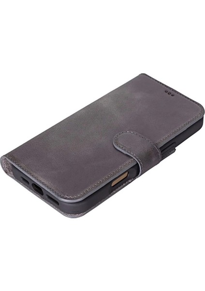 Apple iPhone 16 Pro Uyumlu, Hakiki Deri, El Yapımı, Cüzdanlı Kılıf, Gölgeli Gri modelleri