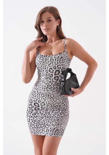 Kadın Siyah Leoparlı Ince Askılı Likralı Elbise S8105