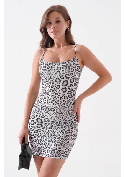 Kadın Siyah Leoparlı Ince Askılı Likralı Elbise S8105