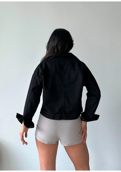 Çift Cepli Kol Katlamalı Süper Taş Enzim Yıkamalı Crop Kot Ceket Siyah D2000