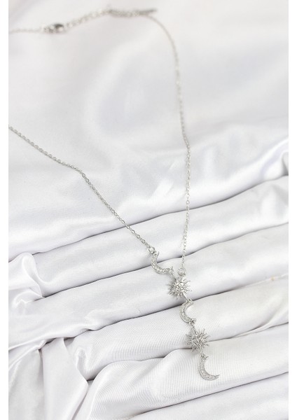 316L Çelik Zirkon Taşlı Güneş ve Ay Model Gümüş Renk Kadın Kolye