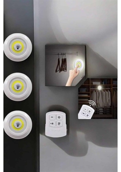 Spot Lamba LED Işık 3'lü Uzaktan Kumandalı Pilli Yapışkanlı Kablosuz - EMY7928-5322 fırsatları