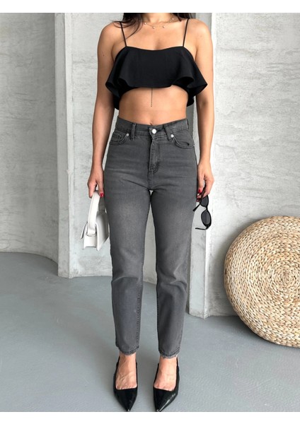 Mom Fit Enzim Taş Yıkama Jeans Pantolon Füme D2006