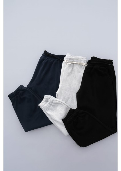 3'lü Unisex Eşofman Altı 3 Ip Şardonlu Rahat Oversize Kışlık Lacivert Gri Siyah