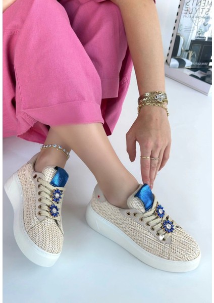 Iwer Bej Hasır Dokumalı Bağcıklı Spor Ayakkabı