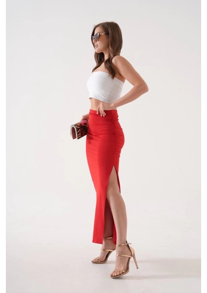 Uzun Yırtmaçlı Ince Kumaş Etek Kırmızı fiyatları