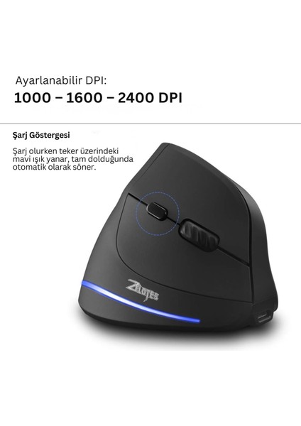 Zelotes F35 Dikey Kablosuz Mouse Ergonomik Şarjlı 2.4g 1000/1600/2400 Dpı 6 Tuş fiyatları