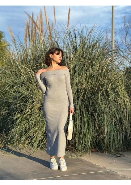Madonna Yaka Uzun Elbise Şardonlu Kumaş Gri W3753
