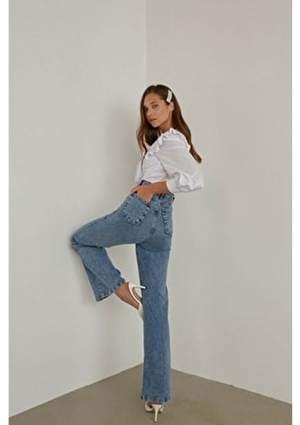 Wolf 90's Mavi Likralı Süper Yüksek Bel Kadın Palazzo Pantolon Pamuk Elastan Denim fırsatları