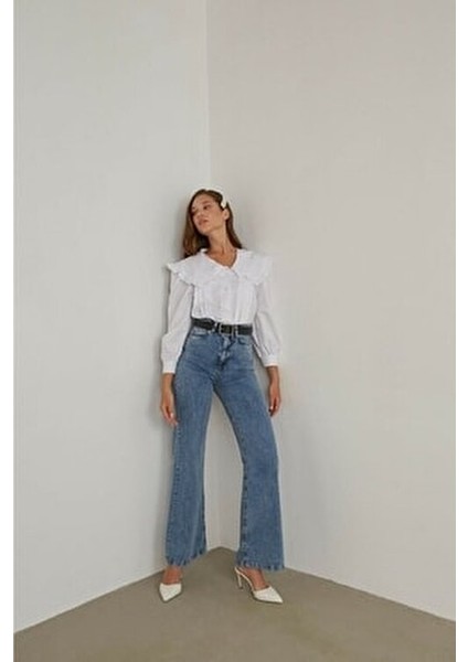 Wolf 90's Mavi Likralı Süper Yüksek Bel Kadın Palazzo Pantolon Pamuk Elastan Denim indirimleri