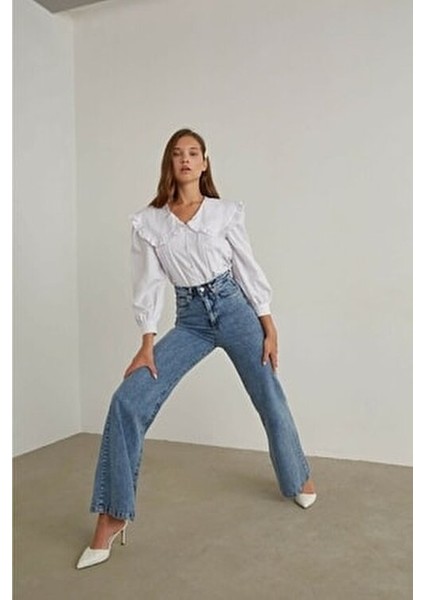 Wolf 90's Mavi Likralı Süper Yüksek Bel Kadın Palazzo Pantolon Pamuk Elastan Denim