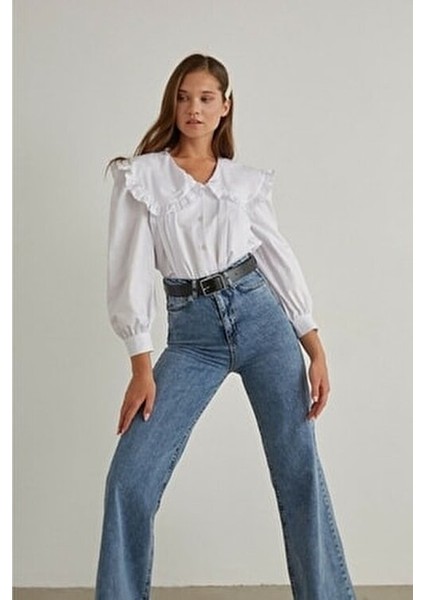 Wolf 90's Mavi Likralı Süper Yüksek Bel Kadın Palazzo Pantolon Pamuk Elastan Denim