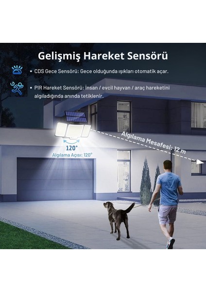 348 LED Güneş Enerjili Dış Mekan Duvar Lambası IP65 Pır Hareket Sensörü 3 Mod 5m Kablo indirimleri