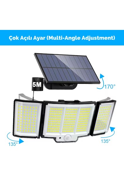 348 LED Güneş Enerjili Dış Mekan Duvar Lambası IP65 Pır Hareket Sensörü 3 Mod 5m Kablo