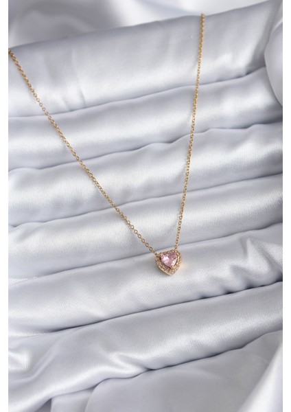 316L Çelik Zincir Gold Renk Pembe Zirkon Taşlı Charm Kadın Kolye