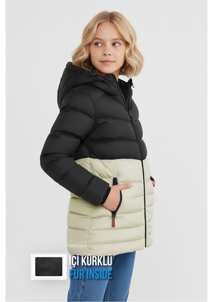 İçi Kürklü Su ve Rüzgar Geçirmez Kapüşonlu Kız Çocuk Mont