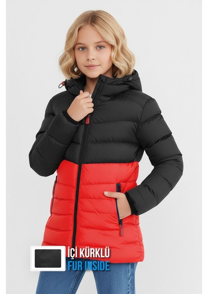 İçi Kürklü Su ve Rüzgar Geçirmez Kapüşonlu Kız Çocuk Mont