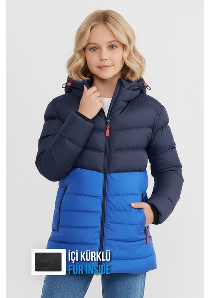 İçi Kürklü Su ve Rüzgar Geçirmez Kapüşonlu Kız Çocuk Mont