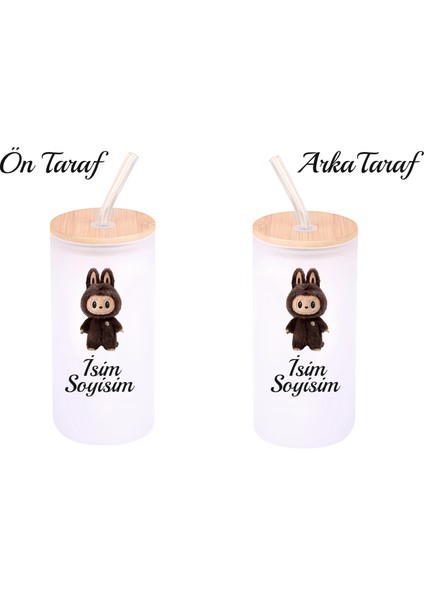 Kişiye Özel Labubu Temalı Buzlu Pipetli Cam Suluk