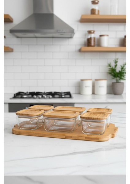 Enzo 13 Parça Bambu Vakum Kapaklı Cam Kahvaltı Seti