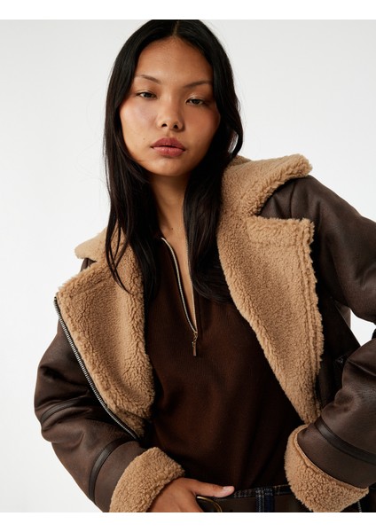 Suni Kürklü Cepli Fermuarlı Deri Görünümlü Biker Ceket