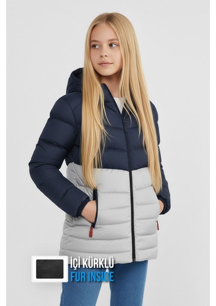 İçi Kürklü Su ve Rüzgar Geçirmez Kapüşonlu Kız Çocuk Mont