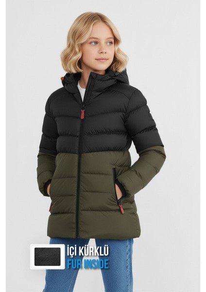 İçi Kürklü Su ve Rüzgar Geçirmez Kapüşonlu Kız Çocuk Mont