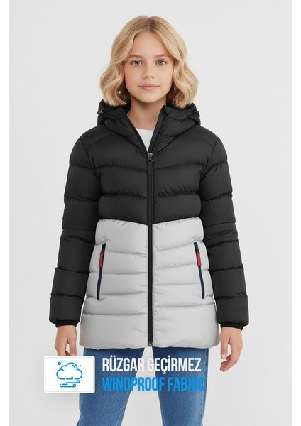 İçi Kürklü Su ve Rüzgar Geçirmez Kapüşonlu Kız Çocuk Mont