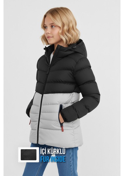 İçi Kürklü Su ve Rüzgar Geçirmez Kapüşonlu Kız Çocuk Mont