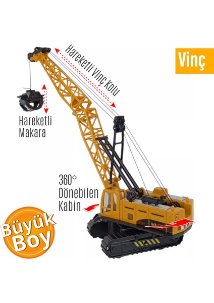 Oyuncak Vinç -Büyük Boy , Sarılır Makaralı Ipli , Oyuncak Iş Makinesi Paletli 33 cm