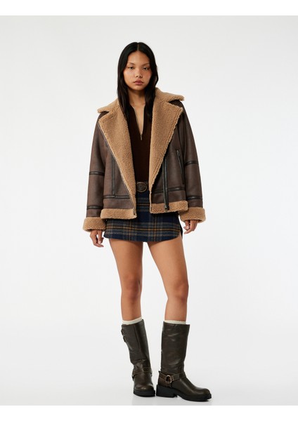 Suni Kürklü Cepli Fermuarlı Deri Görünümlü Biker Ceket fiyatları