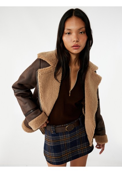 Suni Kürklü Cepli Fermuarlı Deri Görünümlü Biker Ceket modelleri