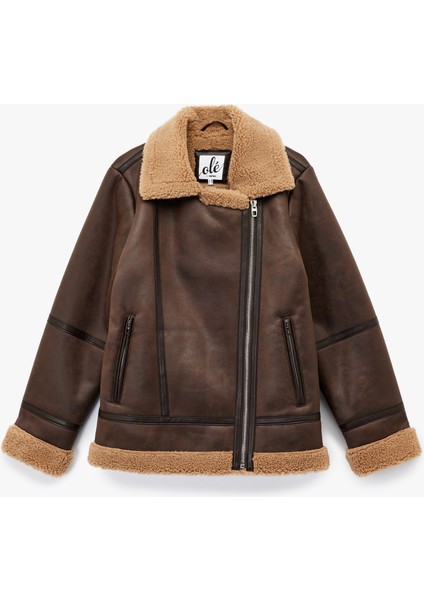 Suni Kürklü Cepli Fermuarlı Deri Görünümlü Biker Ceket fırsatları
