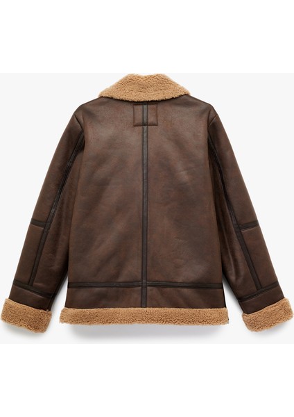 Suni Kürklü Cepli Fermuarlı Deri Görünümlü Biker Ceket indirimleri