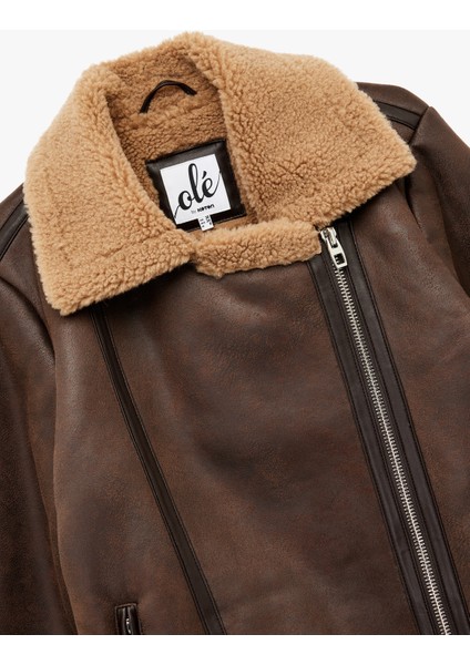 Suni Kürklü Cepli Fermuarlı Deri Görünümlü Biker Ceket