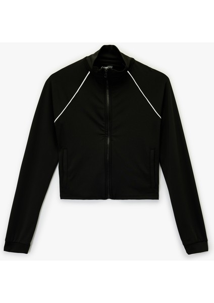 Dik Yaka Uzun Kollu Biyeli Fermuarlı Spor Sweatshirt