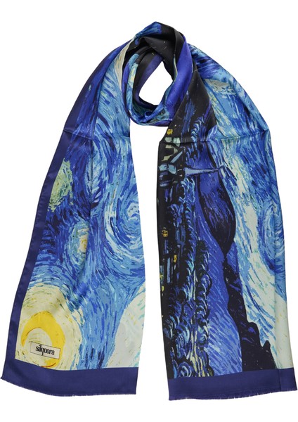 %100 Ipek Şal Fular (45X165 Cm)-Vincent Van Gogh (Yıldızlı Gece Saks Mavi)