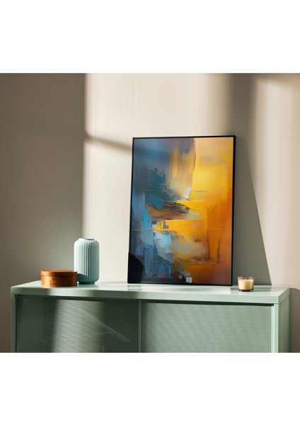 Çerçevesiz Poster, Soyut Modern Sarı,mavi,turkuaz Yağlı Boya Efektli, Dijital Baskı 3'lü Soyut Poster