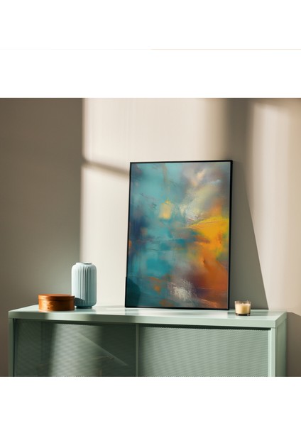 Çerçevesiz Poster, Soyut Modern Sarı,mavi,turkuaz Yağlı Boya Efektli, Dijital Baskı 3'lü Soyut Poster