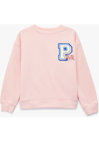 Lisanslı Pembe Panter Baskılı Uzun Kollu Bisiklet Yaka Sweatshirt