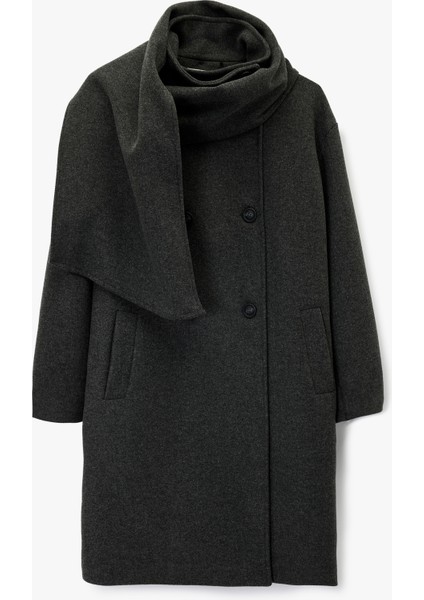 Uzun Kollu Cepli Düğmeli Kruvaze Atkılı Kaşe Kaban