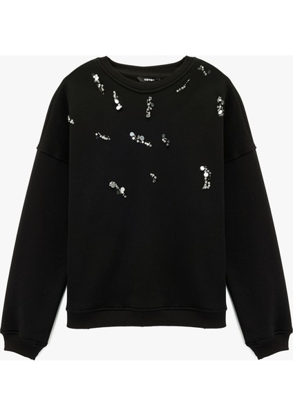Şardonlu Uzun Kollu Bisiklet Yaka Pul Payet Detaylı Sweatshirt
