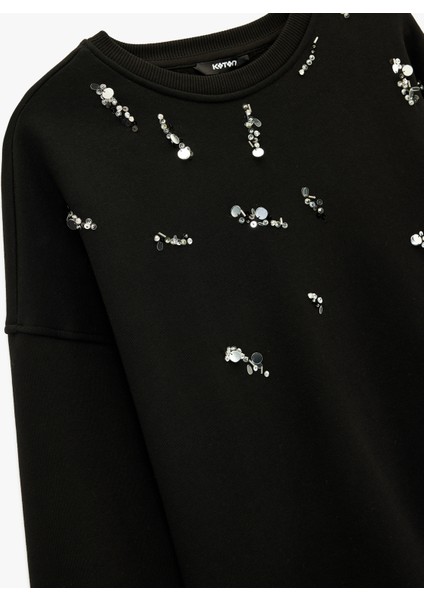 Şardonlu Uzun Kollu Bisiklet Yaka Pul Payet Detaylı Sweatshirt modelleri