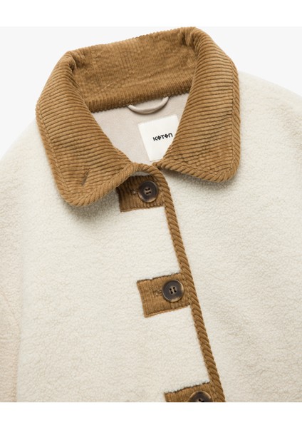 Uzun Kollu Düğmeli Cepli Kruvaze Klasik Yaka Peluş Ceket