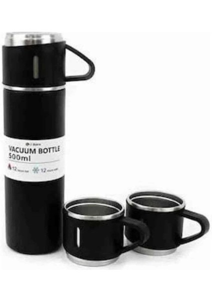Termos Paslanmaz Çelik Termos Siyah Renk 3 Bardaklı Termos Seti