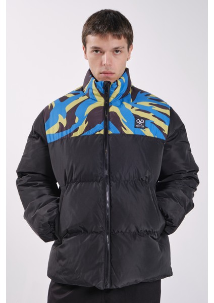 Siyah Desenli Şişme Puffer Mont