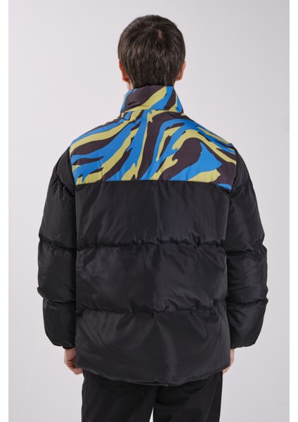 Siyah Desenli Şişme Puffer Mont